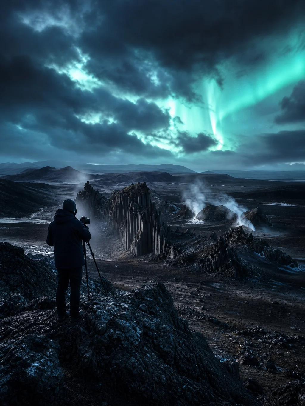 Photographer standing before vast Icelandic glacial ice field