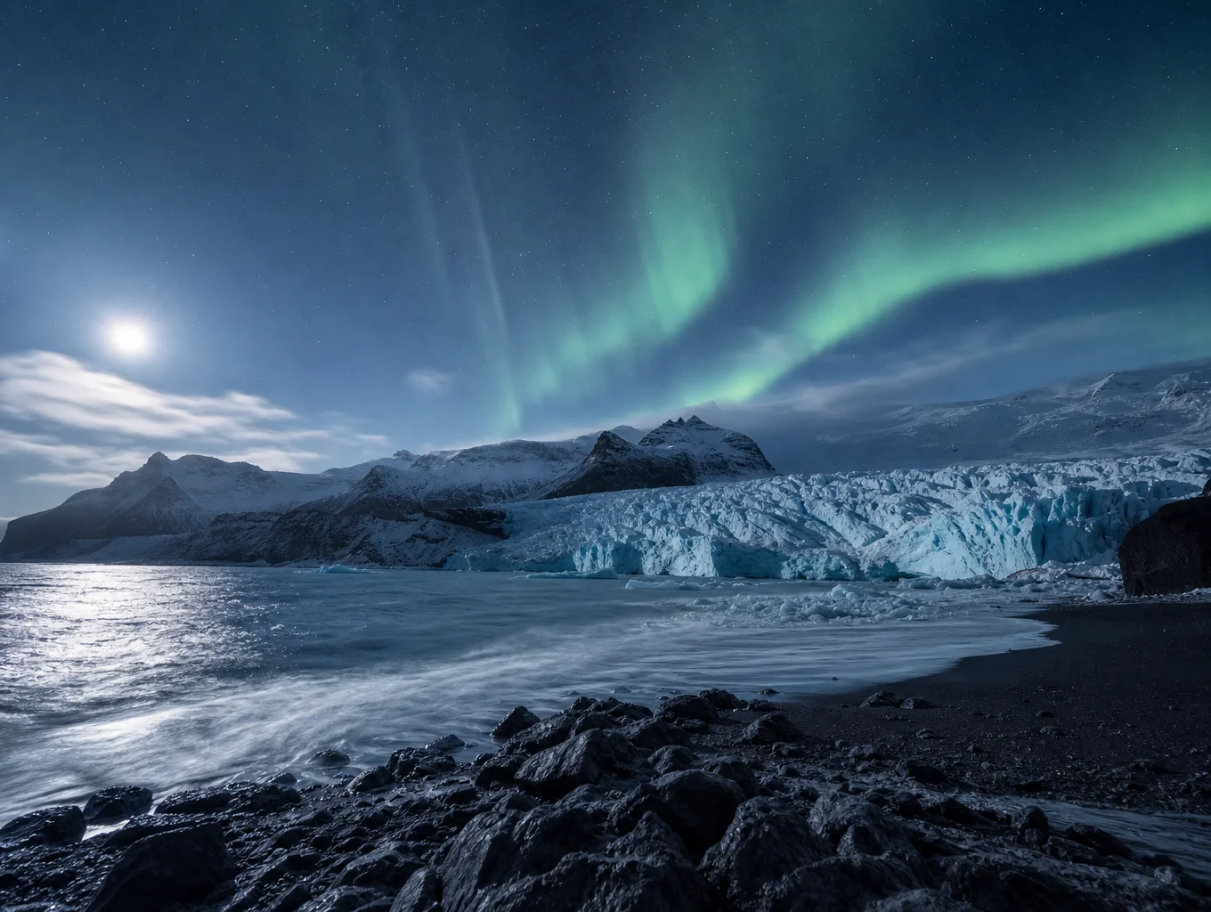 Volcanic basalt formations beneath auroral glow in Iceland highlands