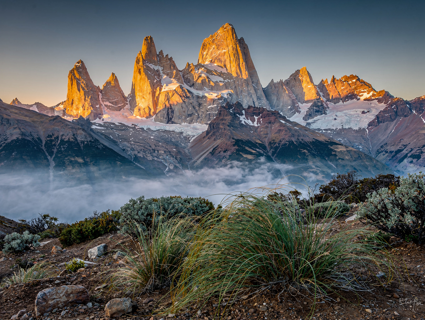 Sharp granite spires of Mount Fitz Roy catching morning alpine light